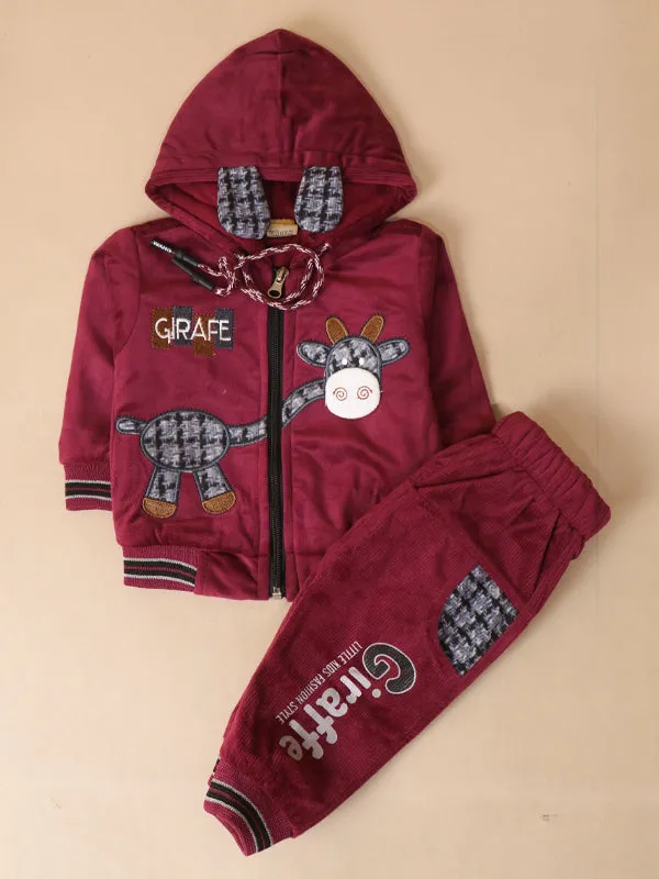 3Mth - 9Mth Giraffe Dark Maroon Hooded Baba Suit For Newborns AJ NBS140