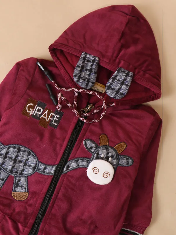 3Mth - 9Mth Giraffe Dark Maroon Hooded Baba Suit For Newborns AJ NBS140