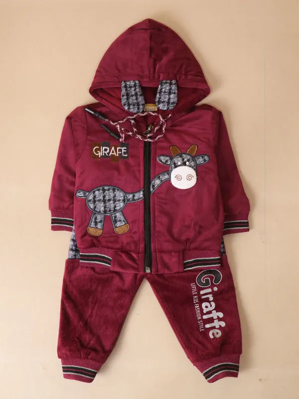 3Mth - 9Mth Giraffe Dark Maroon Hooded Baba Suit For Newborns AJ NBS140