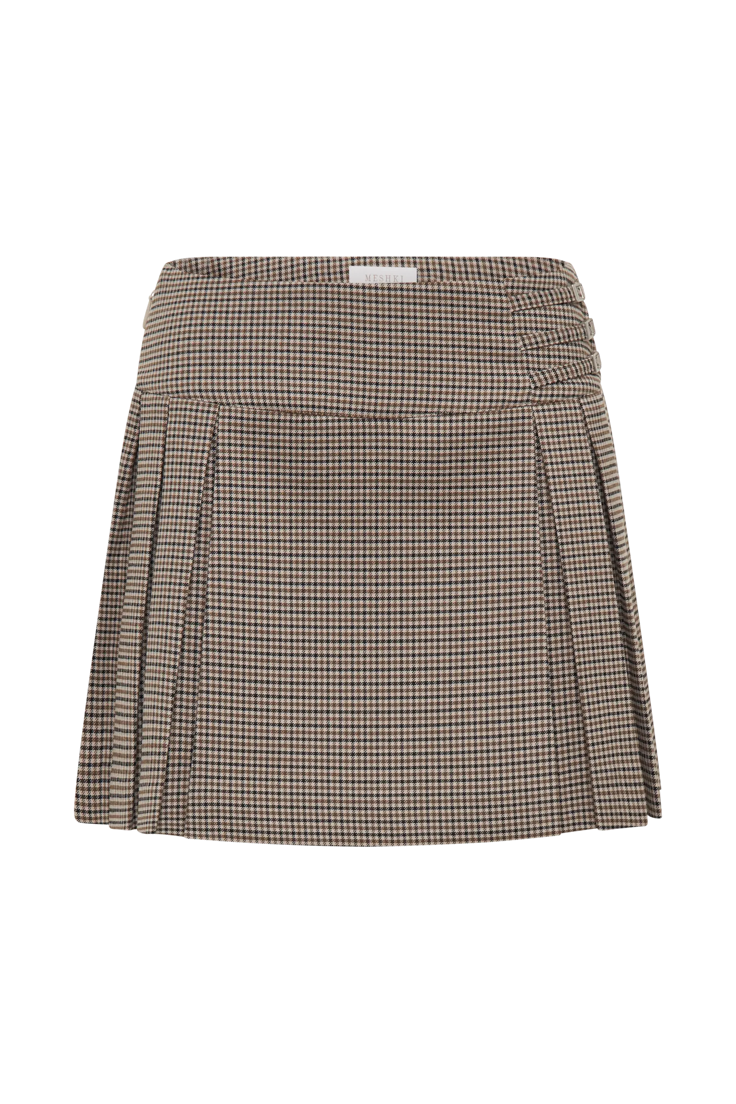 Angie Pleated Buckle Mini Skirt - Tan Check