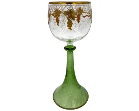 Antique Moser Roemer Hock Wine Glass Green Spiral Conical Stem Gold Grape Bowl