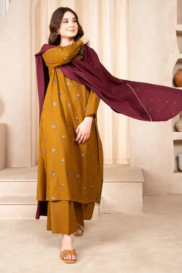 BAROQUE - 3PC DHANAK EMBROIDERED SHIRT WITH DHANAK EMBROIDERED SHAWL AND TROUSER - HZG1802