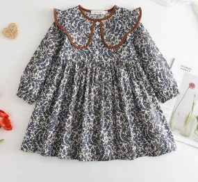 Blue Floral Pleated Dress with Collar