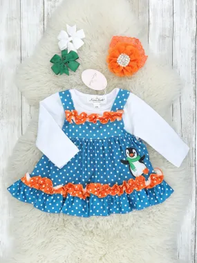 Blue Polka Dot Penguin Romper W/ White Shirt