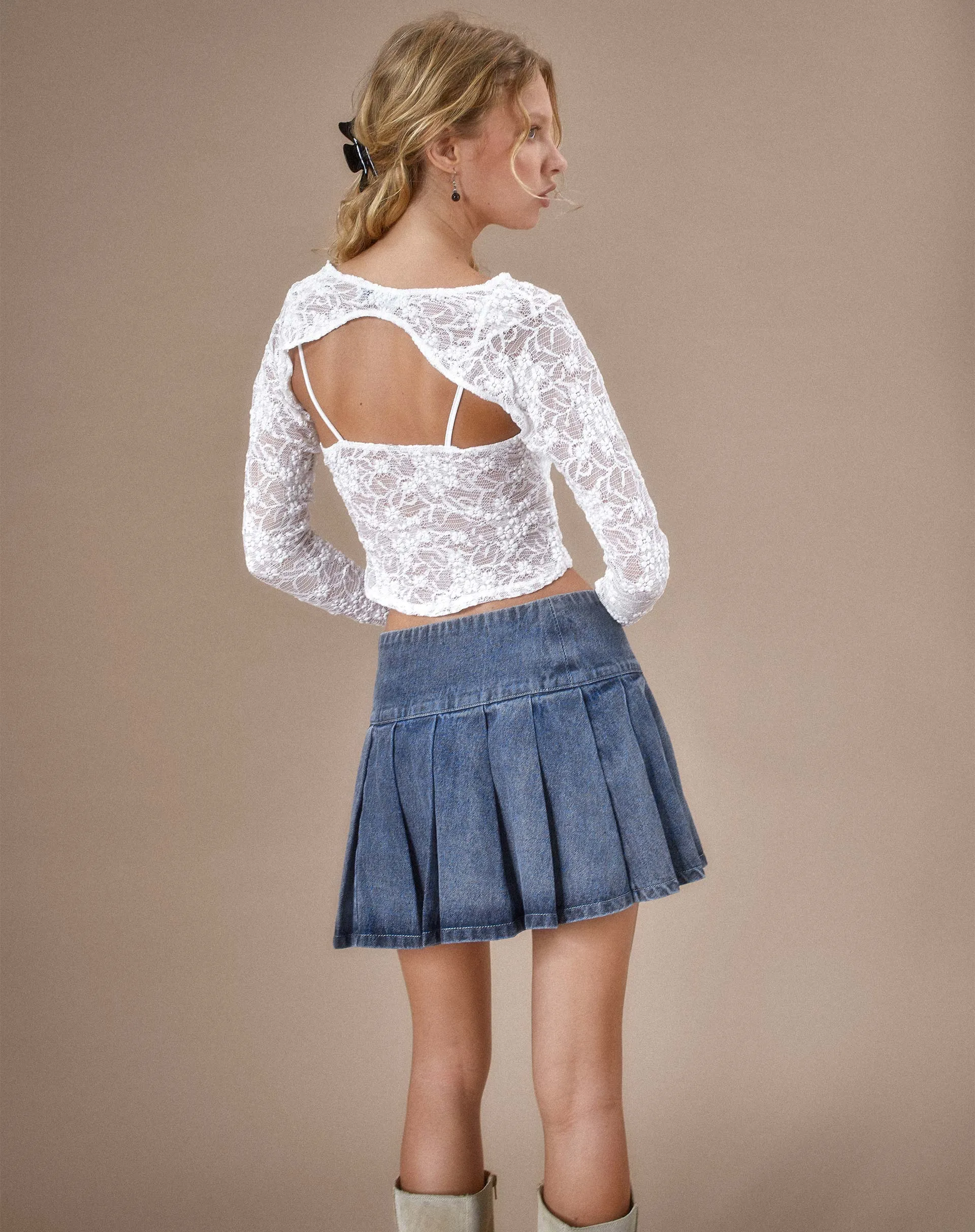 Castari Denim Pleated Mini Skirt in Acid Blue