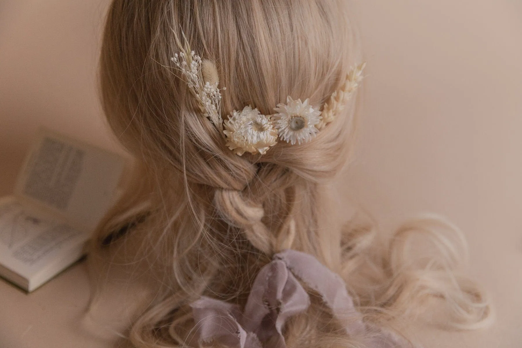 Cream Straw Flowers and Lagurus Boho 4 Piece Hair Pin Set / Boho Bride Hair Pins