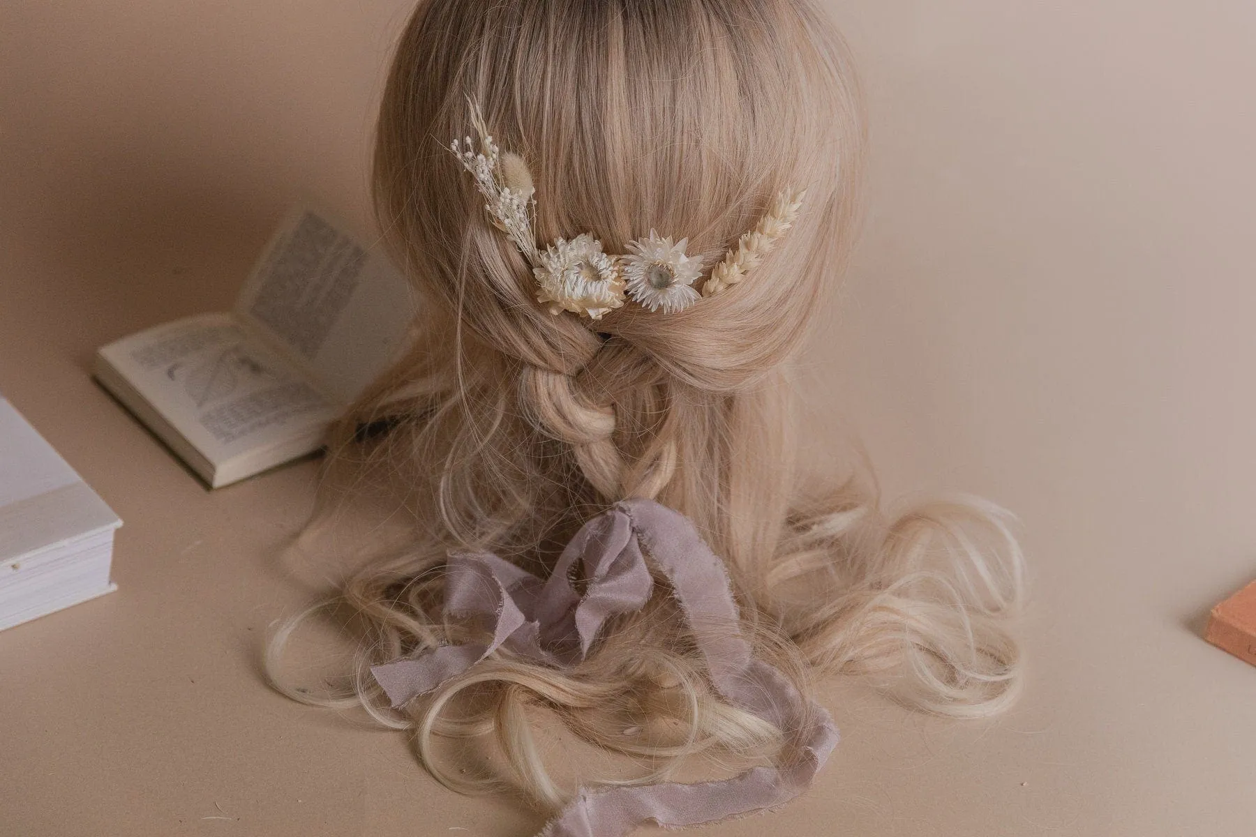 Cream Straw Flowers and Lagurus Boho 4 Piece Hair Pin Set / Boho Bride Hair Pins