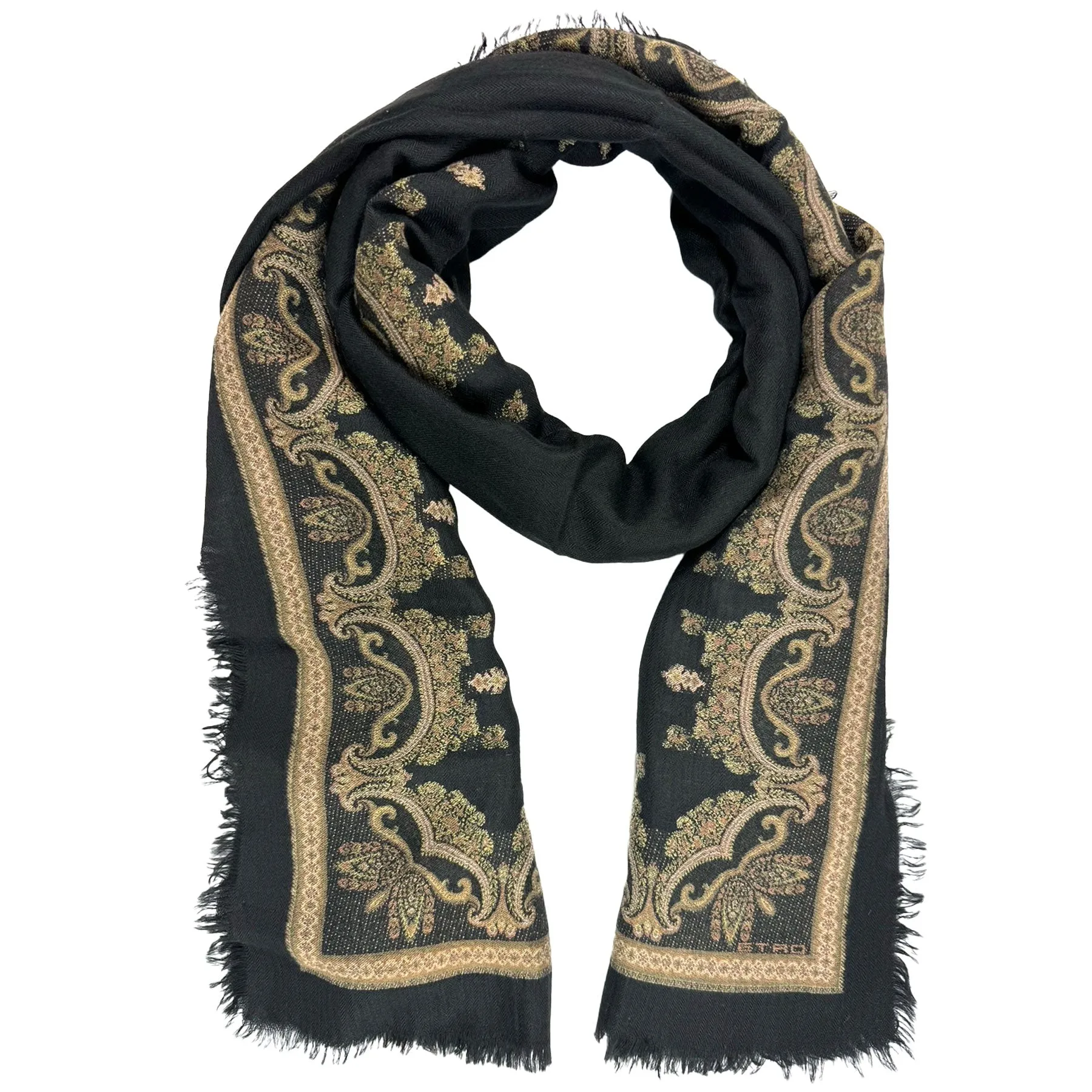 Etro Scarf Black Gold Baroque Design - Large Cashmere Shawl SALE