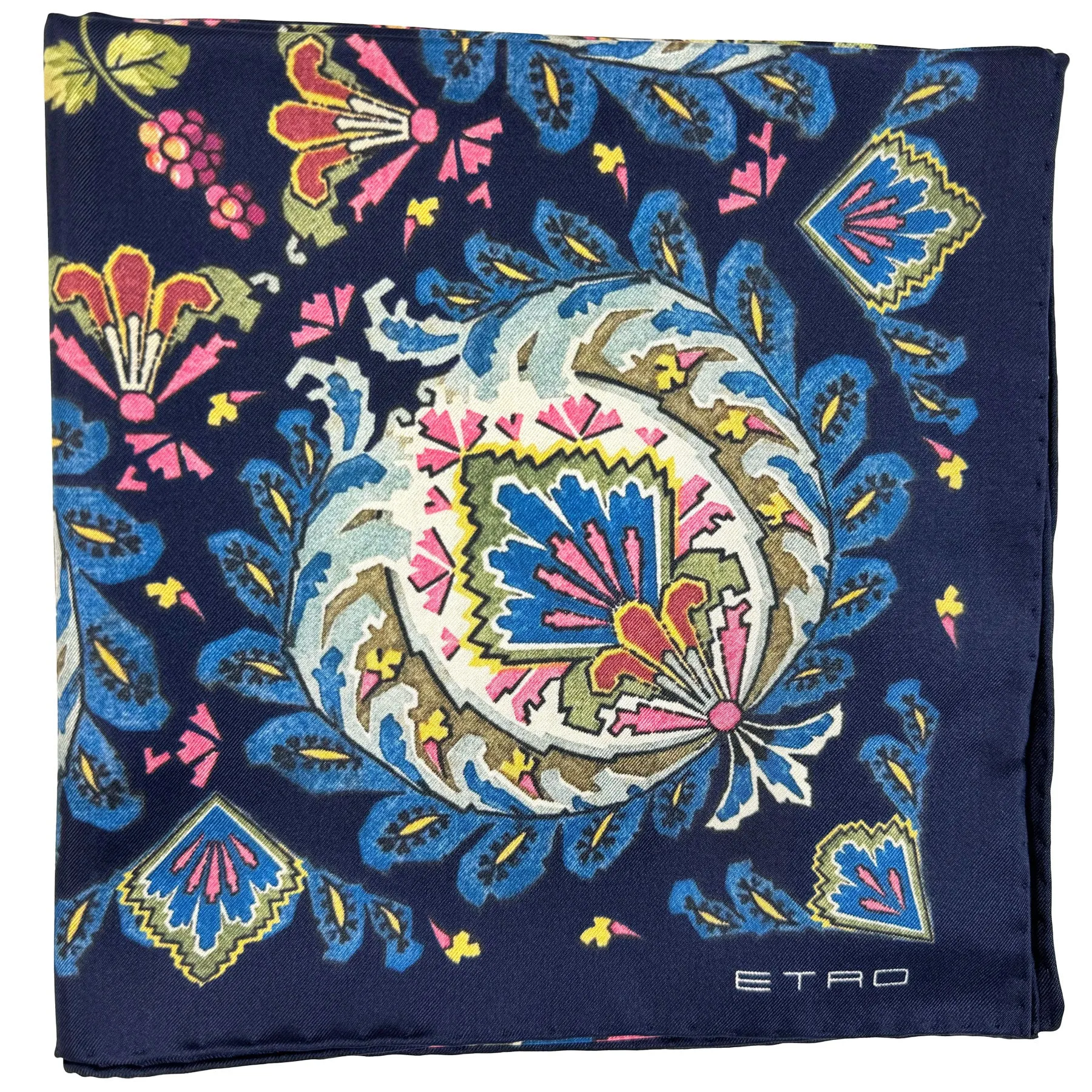 Etro Scarf Navy Blue Pink Berry & Ornamental Paisley - Square Twill Silk Shawl