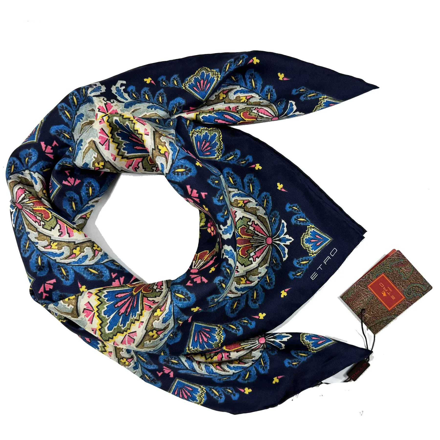 Etro Scarf Navy Blue Pink Berry & Ornamental Paisley - Square Twill Silk Shawl