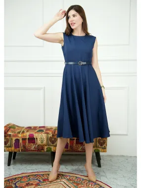 Exude Warmth Fit & Flare Dress with Belt (Navy)