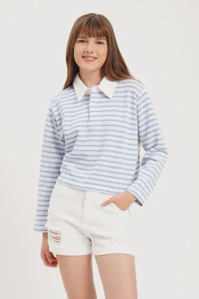 Loose Fit Striped Pullover Sweater with Contrast Fabric Collar