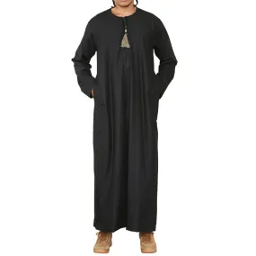 Men's Thobe Jubba Islamic Clothing Muslim Kaftan Emirati Omani Robe Arab Tassel