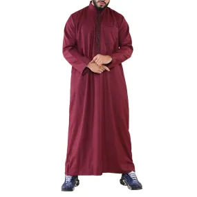 Men's Thobe Jubba Nehru Islamic Clothing Muslim Cotton Kaftan Embroidery Eid Robe