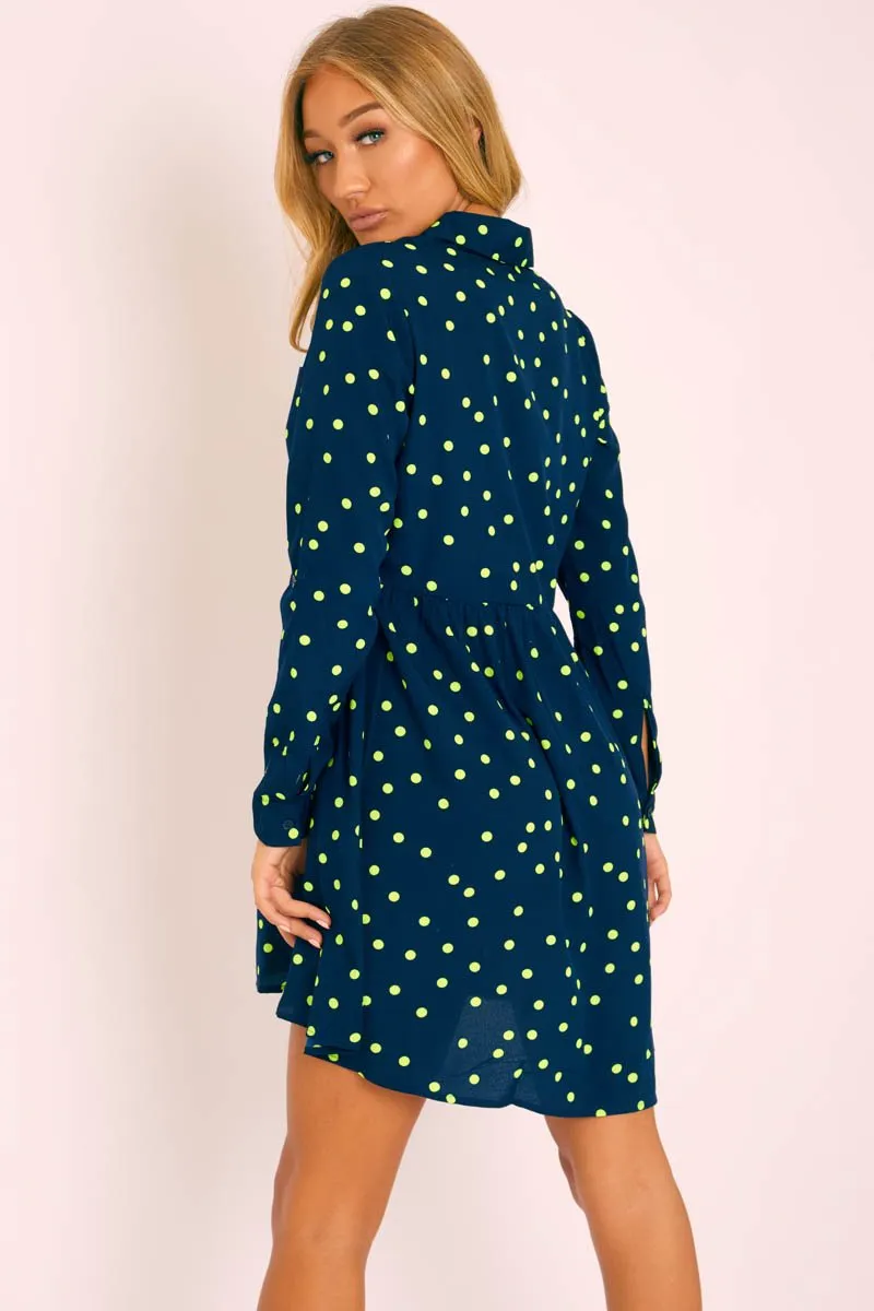 Navy Yellow Polka Dot Shirt Dress - Karman