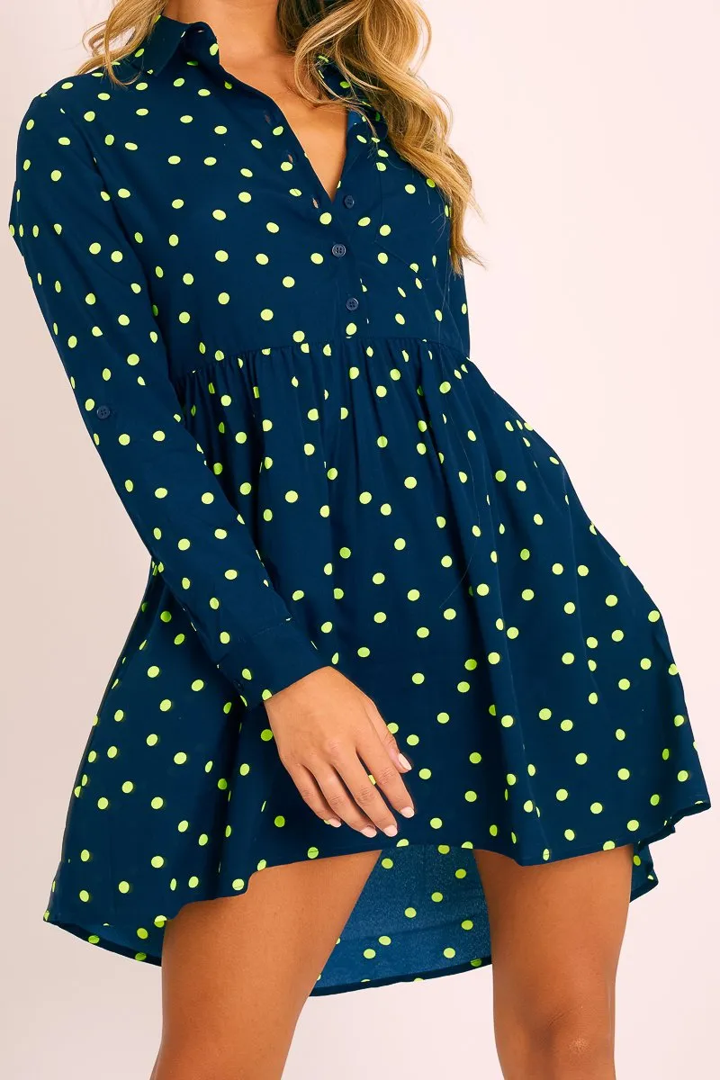 Navy Yellow Polka Dot Shirt Dress - Karman