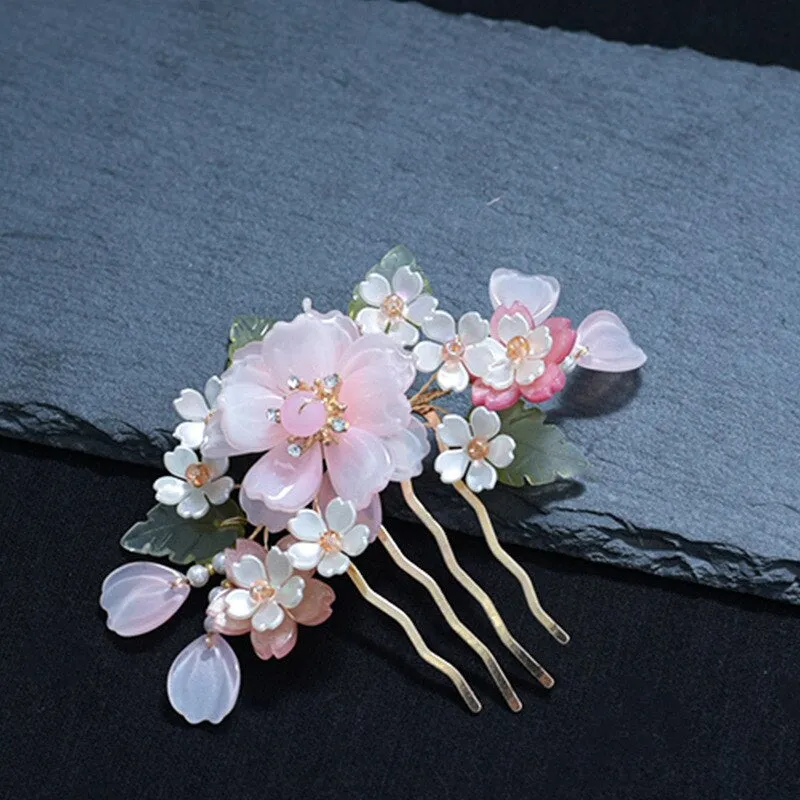 Peach White Floral Butterfly CZ Bridal Wedding Hair Comb Accessory