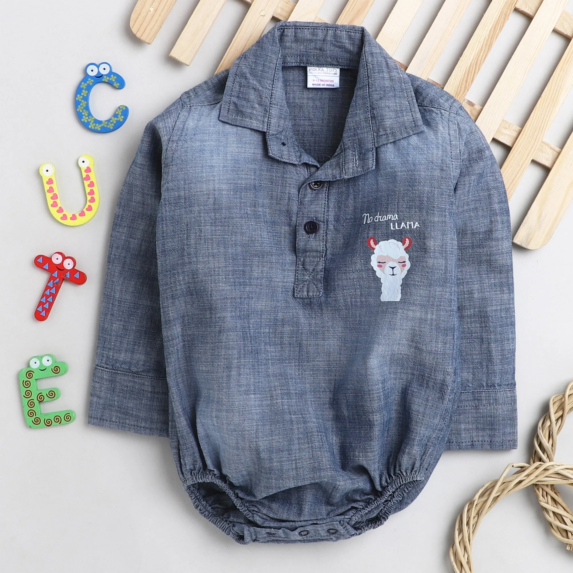 Polka Tots Full Sleeve Denim Onesie with llama print  - Blue