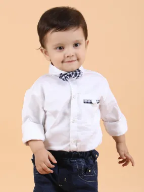 Polka Tots Full Sleeves shirt with Bow tie - White