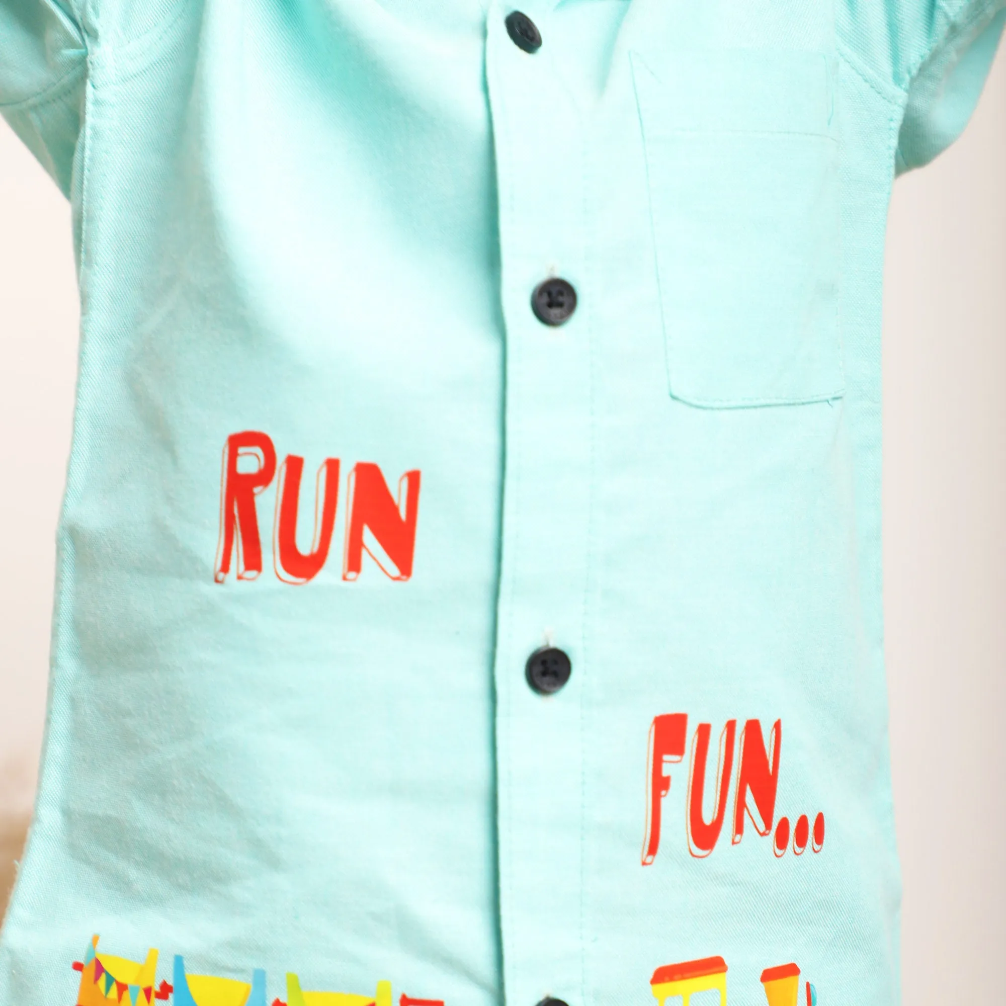 Polka Tots Half Sleeves Run Fun Print Shirt- Sea Green