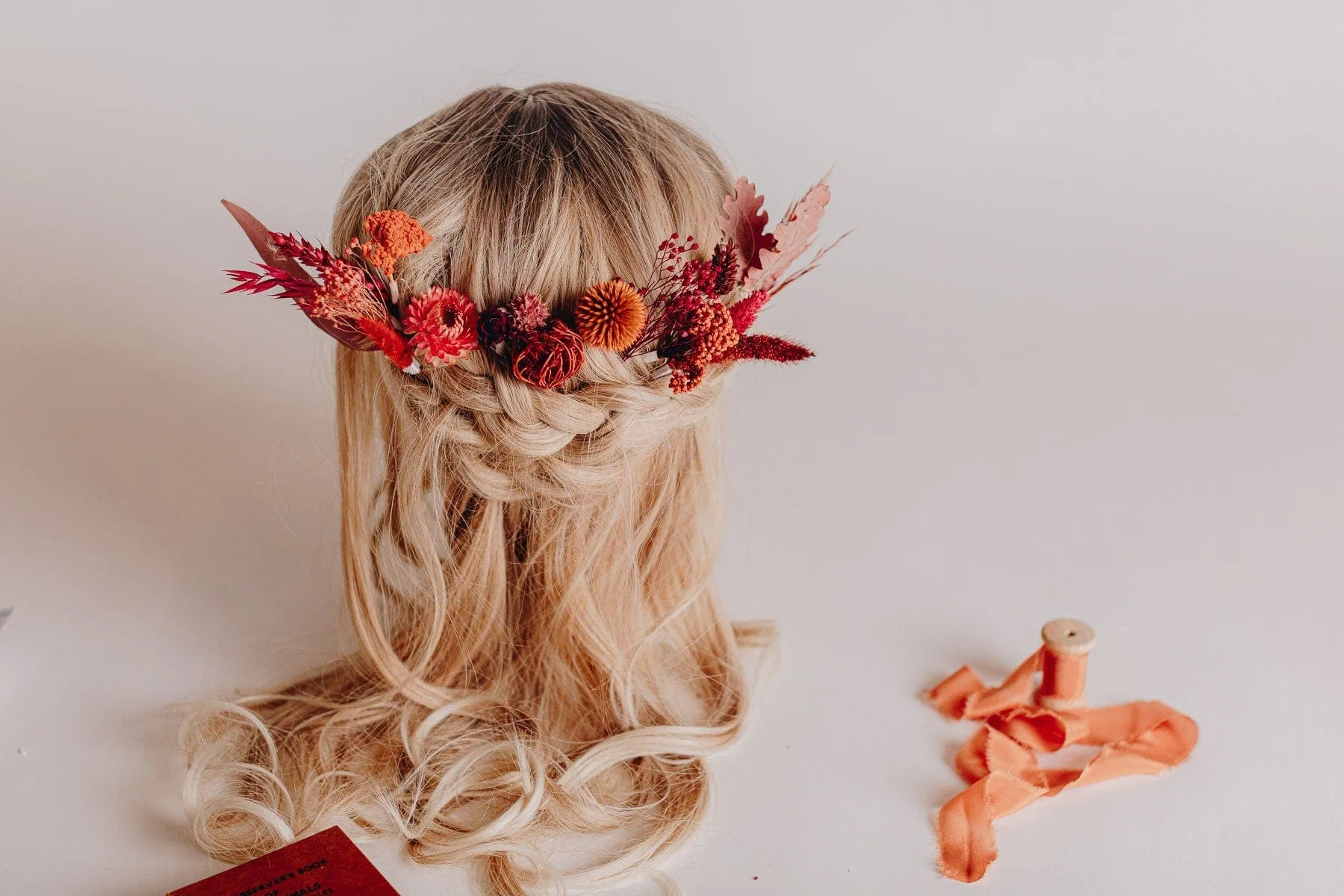 Red Dried Roses & Echinops Thistle Hair Pins Set, Boho Hair Pins, Wedding Hair Pins, Flower Pin Set