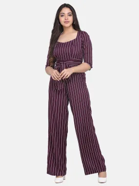 Striped Crepe Jump Suit - Burgundy Red