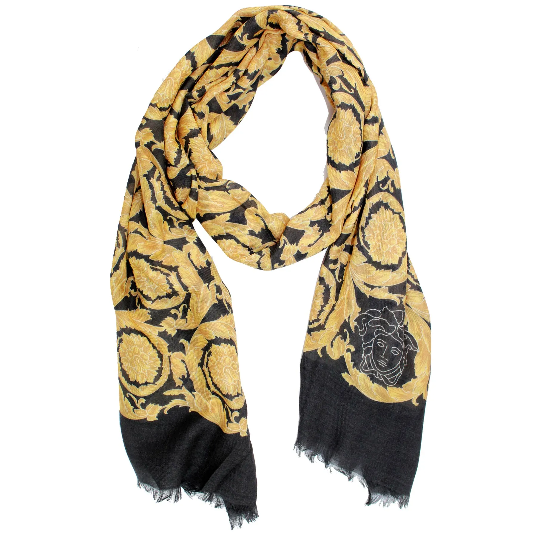 Versace Scarf Black Gold Baroque & Medusa  - Modal Cashmere Shawl