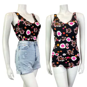 VINTAGE 60s 70s BLACK PINK WHITE DAISY FLOWER MOD SWIMSUIT BODYSUIT 10 12