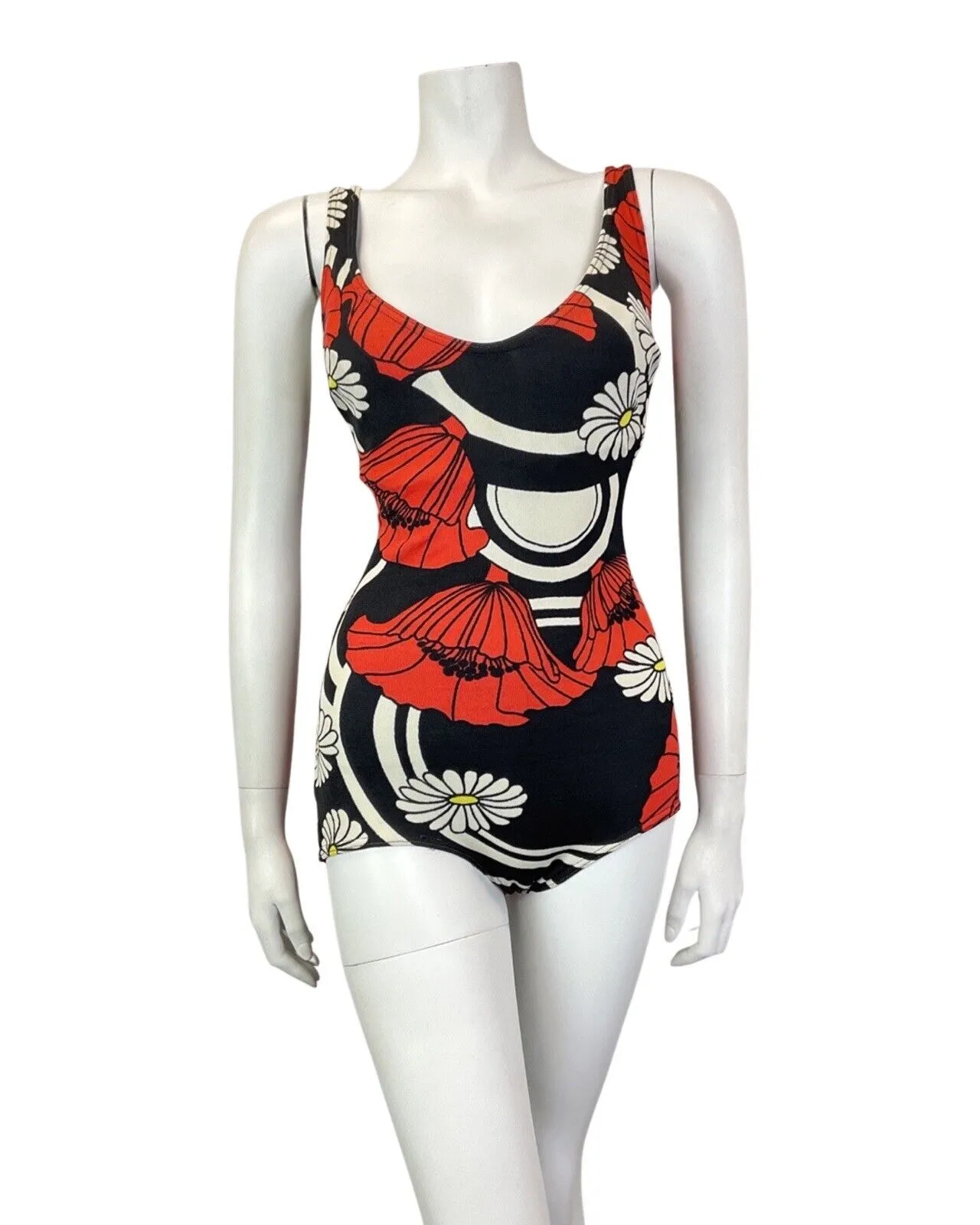 VINTAGE 60s 70s BLACK WHITE RED FLORAL DAISY POPPY MOD LOW-RISE SWIMSUIT 10 12