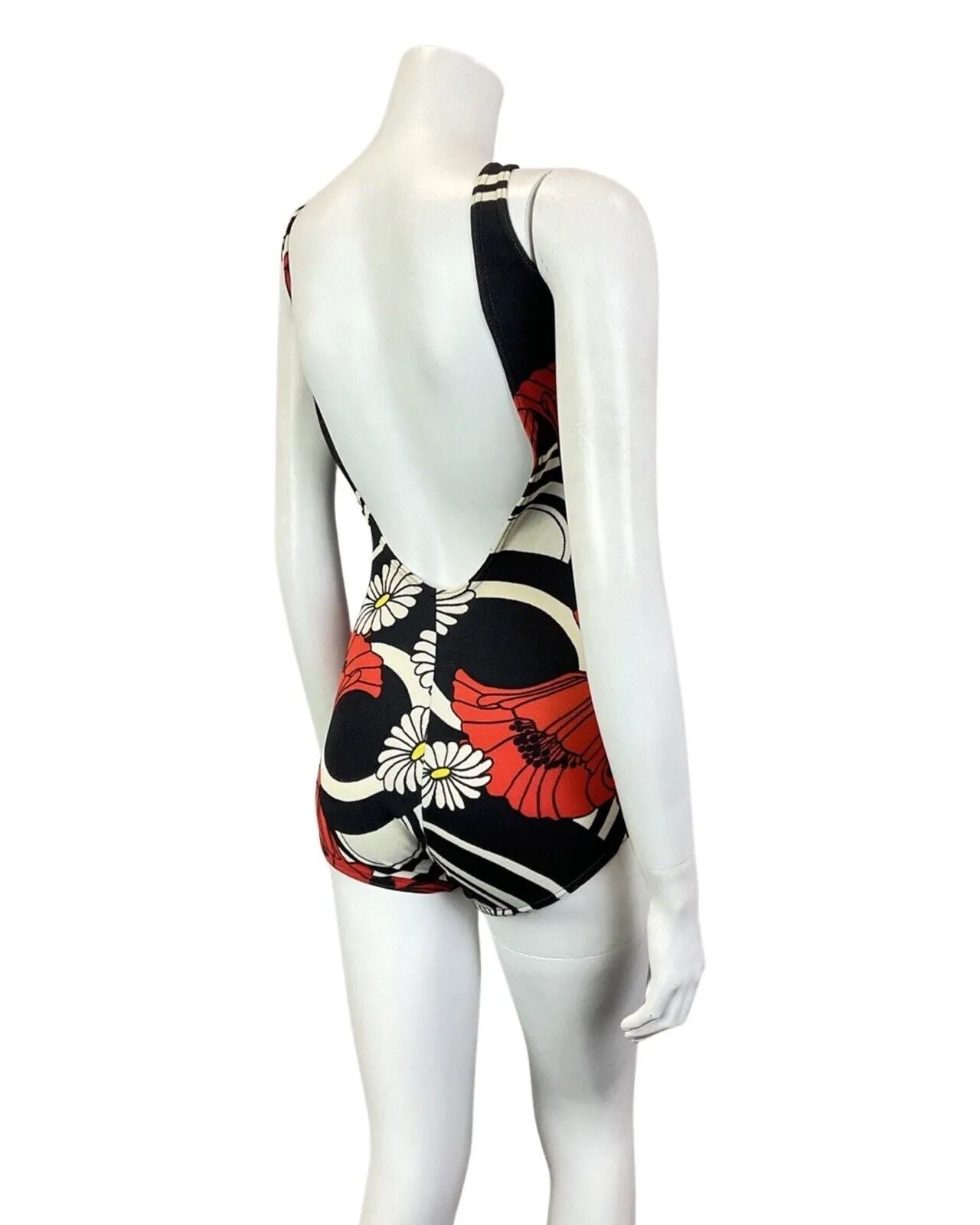 VINTAGE 60s 70s BLACK WHITE RED FLORAL DAISY POPPY MOD LOW-RISE SWIMSUIT 10 12