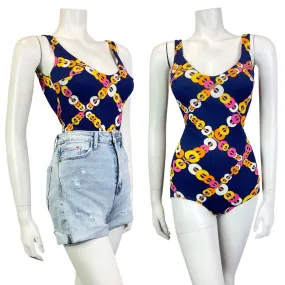 VINTAGE 60s 70s BLUE ORANGE PINK CHAIN-LINK GEOMETRIC MOD SWIMSUIT BODYSUIT 8