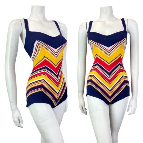 VINTAGE 60s 70s BLUE YELLOW RED STRIPED CHEVRON MOD BOY SHORT SWIMSUIT 12 14